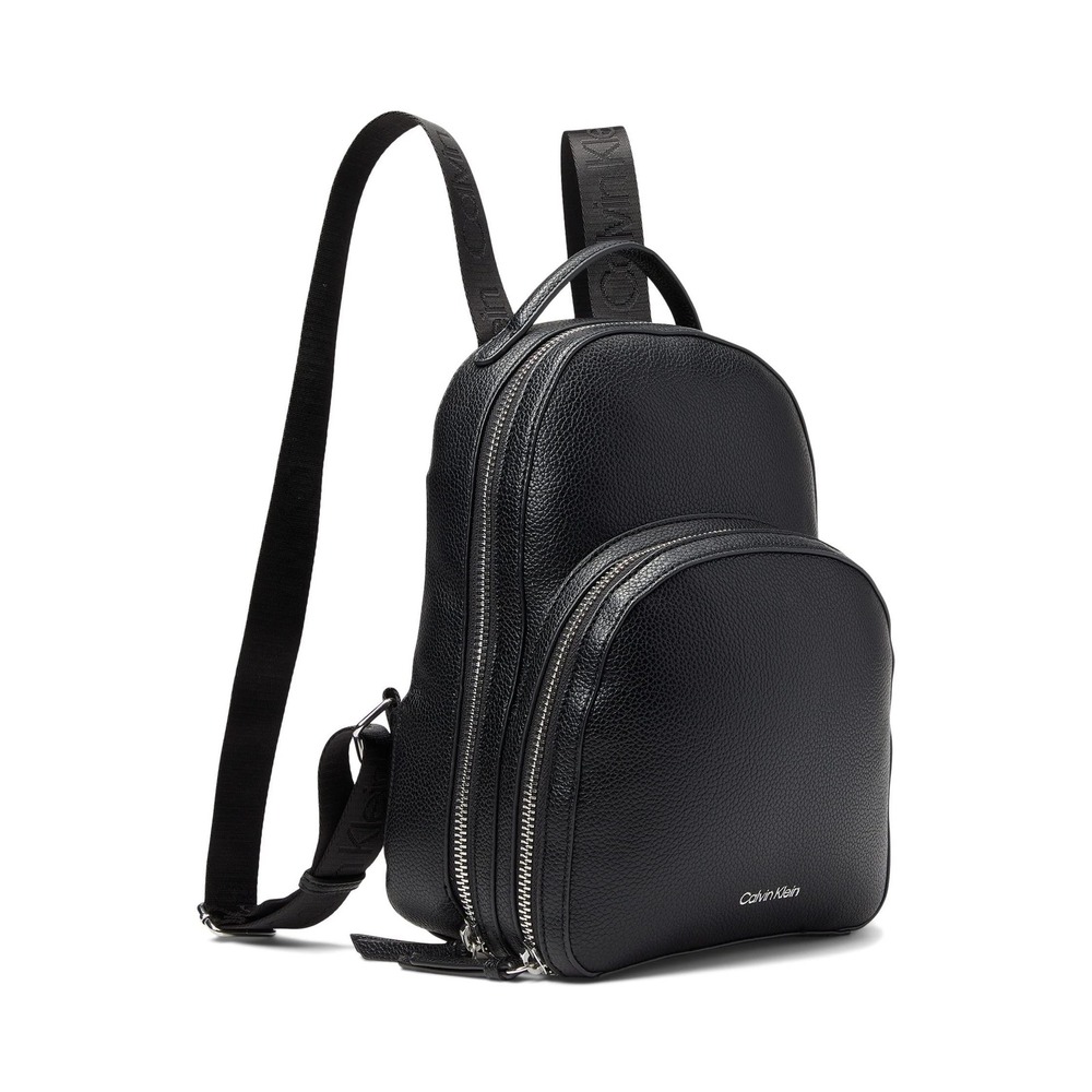 NWT Calvin Klein Estelle Novelty Backpack Black Pebbled Faux Leather Logo Straps